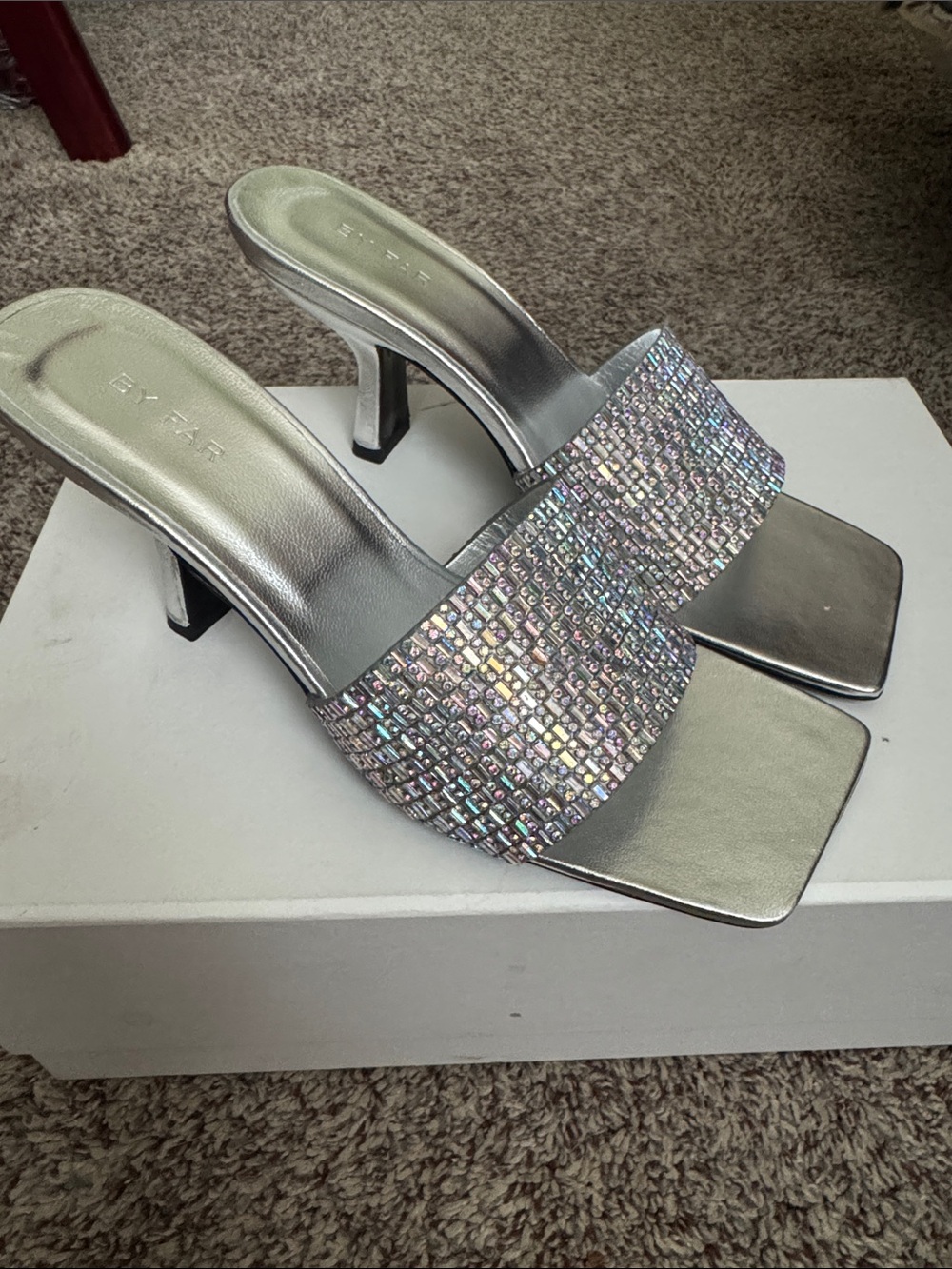 By Far Dylan Silver Crystal-Embellished Mules 36 BNIB